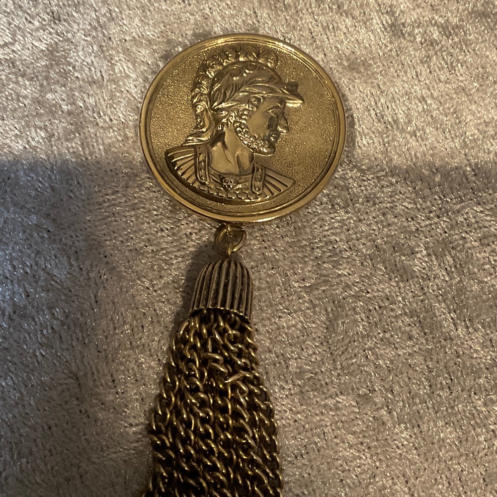 Vintage Sarah Coventry Roman Soldier Coin with Tassels Pin / Pendant